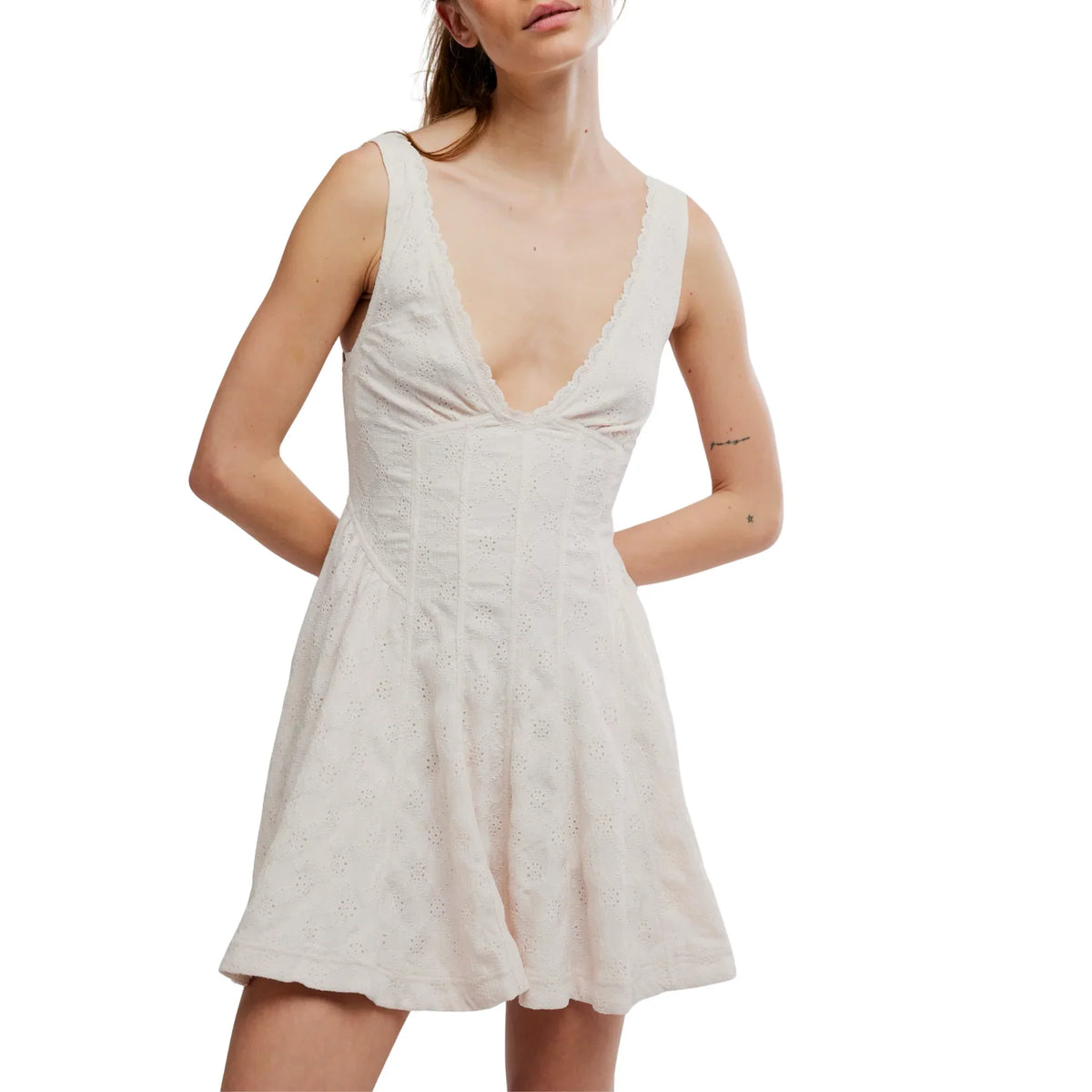 White Eyelet V-Neck Sleeveless Mini Dress – Dresina
